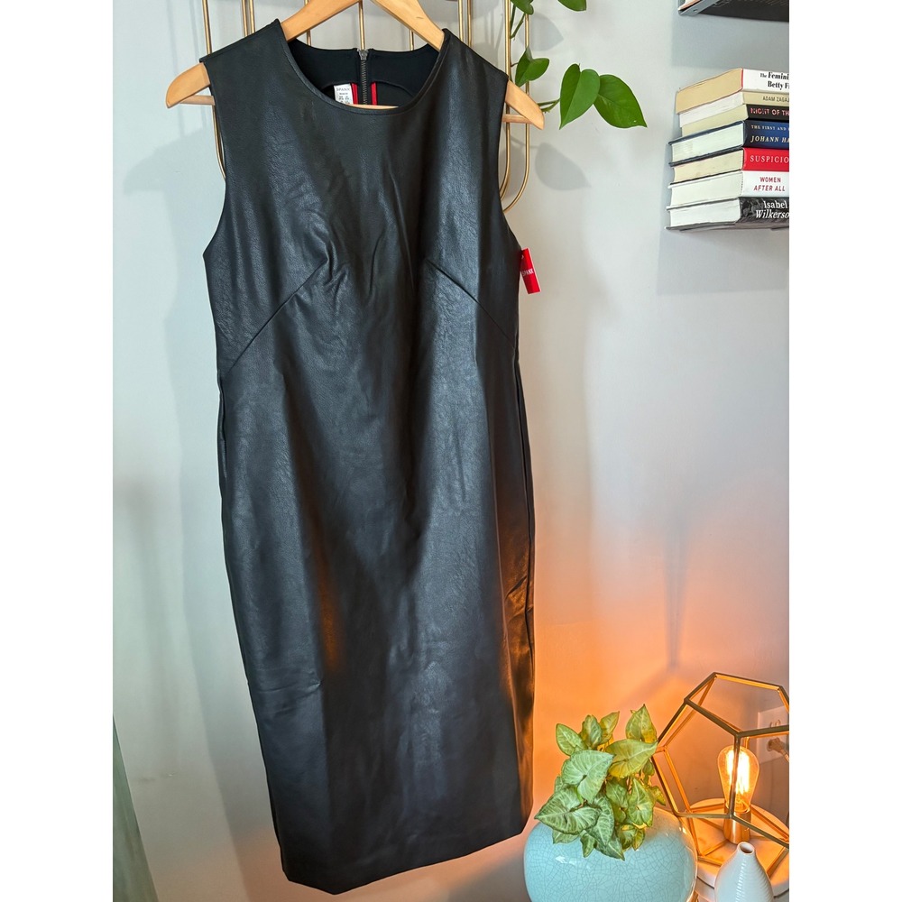 Spanx Faux Leather Sheath Dress Black Sleeveless Midi Back Zip NWT Womens Medium